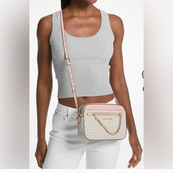 Michael Kors Handbags - NWT Michael Kors Jet Set Large Logo Gold Chain Crossbody Bag - Vanilla